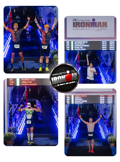 Alunos completando o Ironman Full 2026 ao lado do método de Marcelo Lopes
